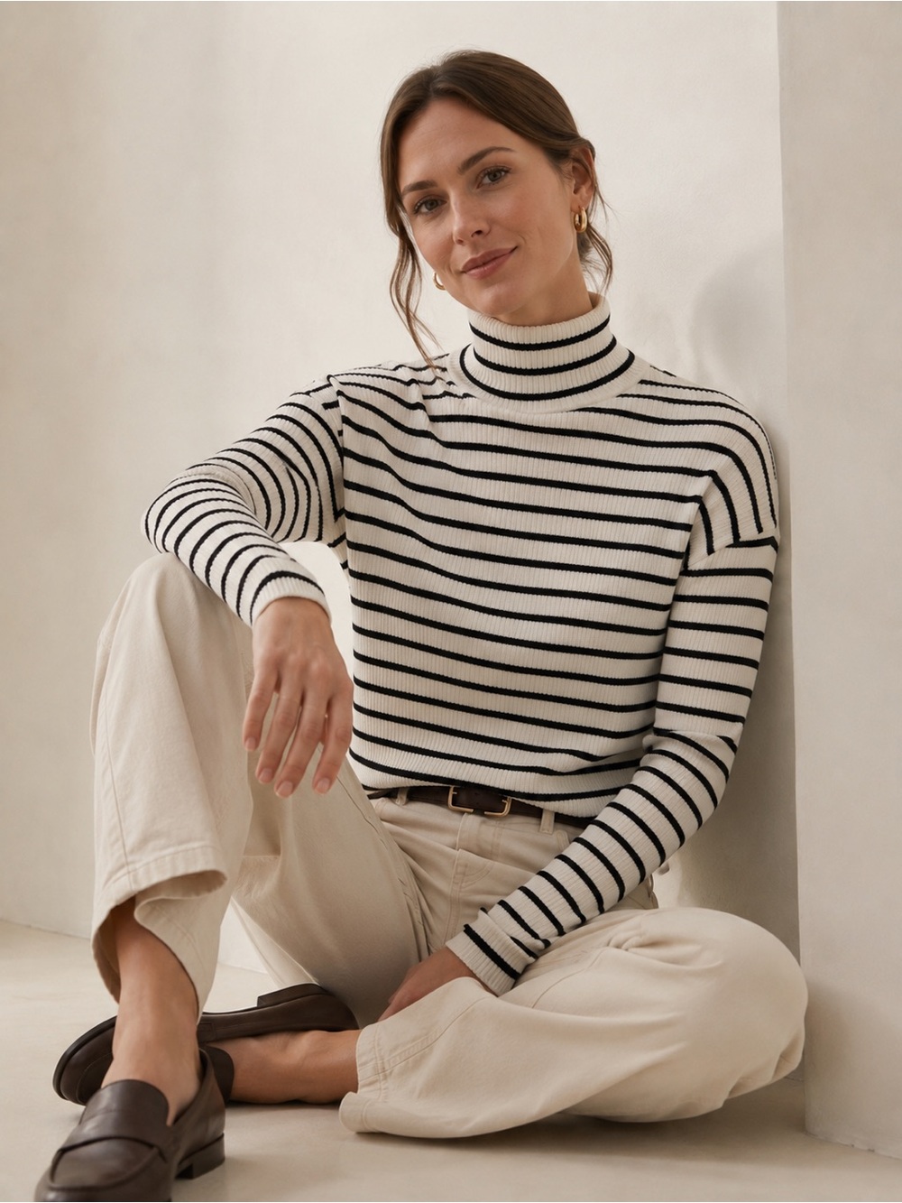 Ann Taylor Striped Ribbed Mockneck Sweater‎ Relaxed Classic Polished Capsule